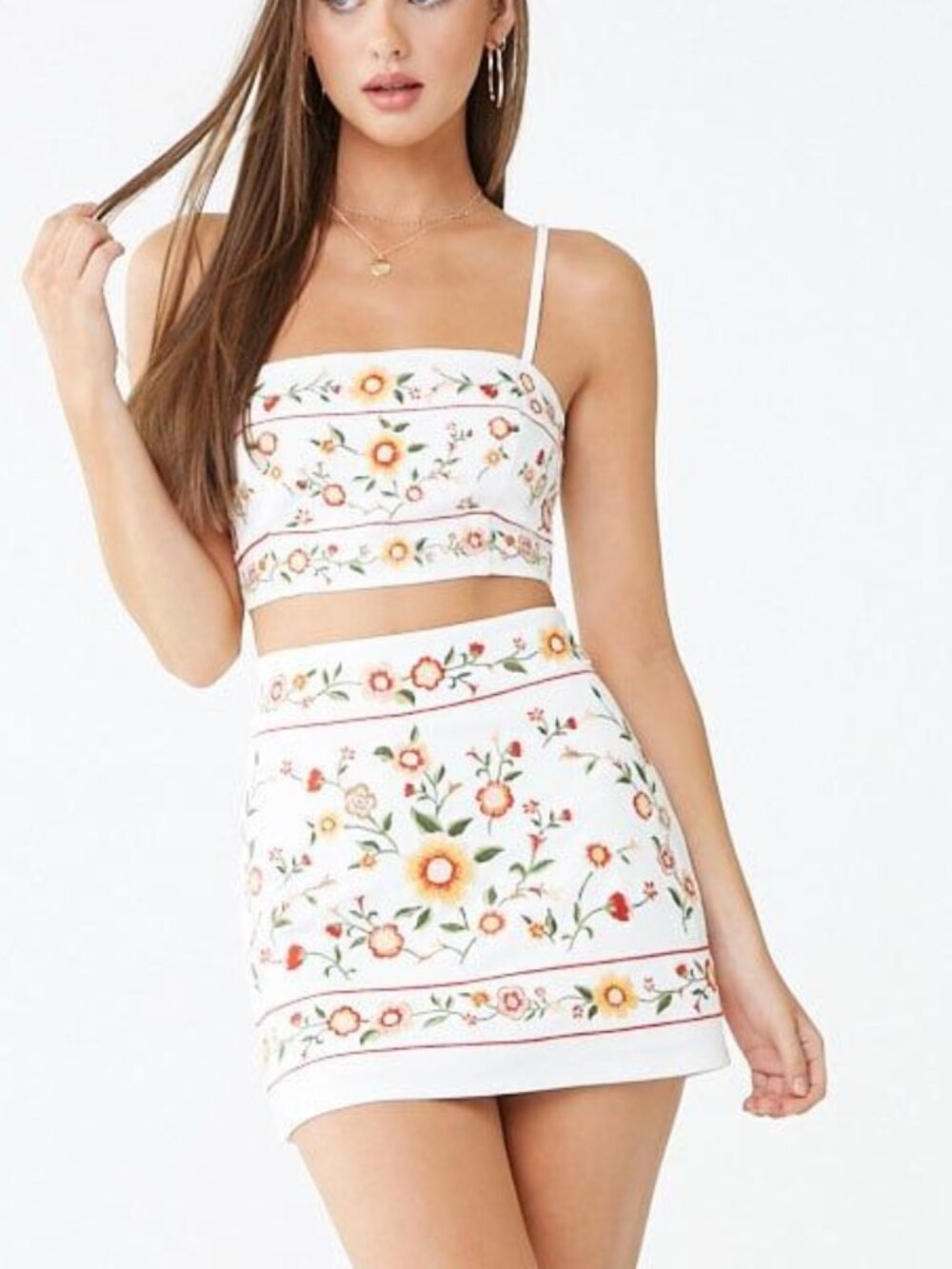 F21 White Embroidered Floral 2 Piece Co Ord Crop Top Mini Skirt Set